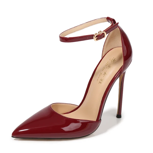 Sexy Fashion Black Cocktail Party Evening Party Womens Shoes 2021 Patent Leather Ankle Strap 12 cm Stiletto Heels Pointed Toe Womens Shoes High Heels
