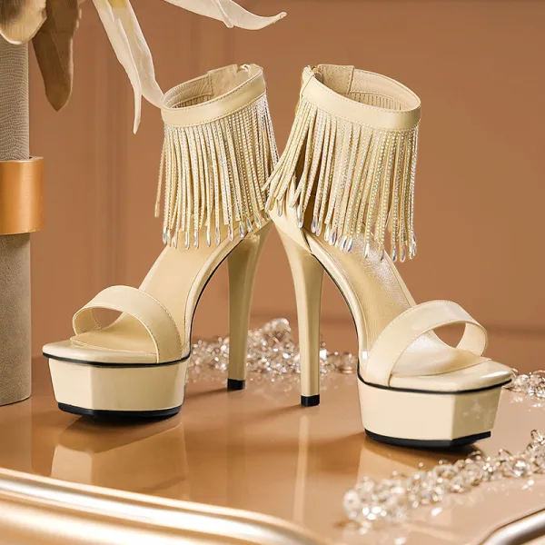 Charmant Sexy Champagne Chaussure De Mariée 2021 Cuir Bride Cheville Faux Diamant Gland 12 cm Talons Aiguilles Peep Toes / Bout Ouvert Mariage Sandales Talons Hauts