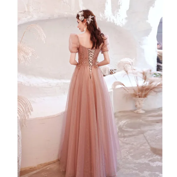 Vintage / Originale Rougissant Rose Glitter Perlage Paillettes Robe De Soirée 2021 Princesse Appliques Encolure Carrée Manches Courtes Dos Nu Longue Soirée Robe De Ceremonie