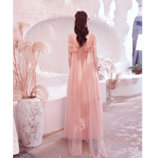 Charming Blushing Pink Pleated Evening Dresses 2021 A-Line / Princess Crossed Straps Pearl Rhinestone Square Neckline Sleeveless Backless Floor-Length / Long Evening Party Formal Dresses