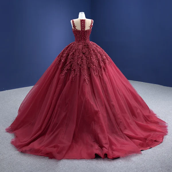 Haut de Gamme Bordeaux Perlage Perle Paillettes En Dentelle Fleur Robe De Bal 2021 Robe Boule Encolure Dégagée Manches Longues Dos Nu Tribunal Train Robe De Ceremonie