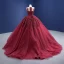 Haut de Gamme Bordeaux Perlage Perle Paillettes En Dentelle Fleur Robe De Bal 2021 Robe Boule Encolure Dégagée Manches Longues Dos Nu Tribunal Train Robe De Ceremonie