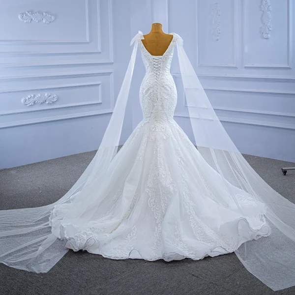 High End Weiß Spitze Blumen Brautkleider / Hochzeitskleider 2021 Meerjungfrau V-Ausschnitt Lange Ärmel Rückenfreies Hof-Schleppe Hochzeit