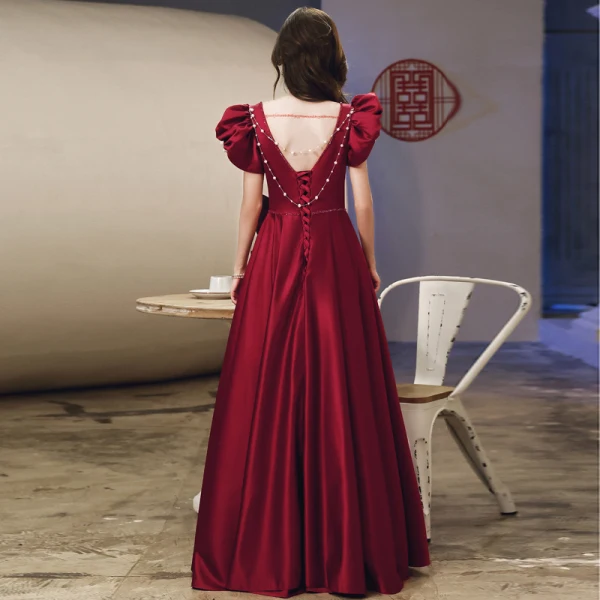 Chic / Belle Bordeaux Cocktail Soirée Robe De Bal 2021 Satin Princesse Encolure Carrée Gonflée Manches Courtes Noeud Dos Nu Perle Faux Diamant Longue Robe De Ceremonie