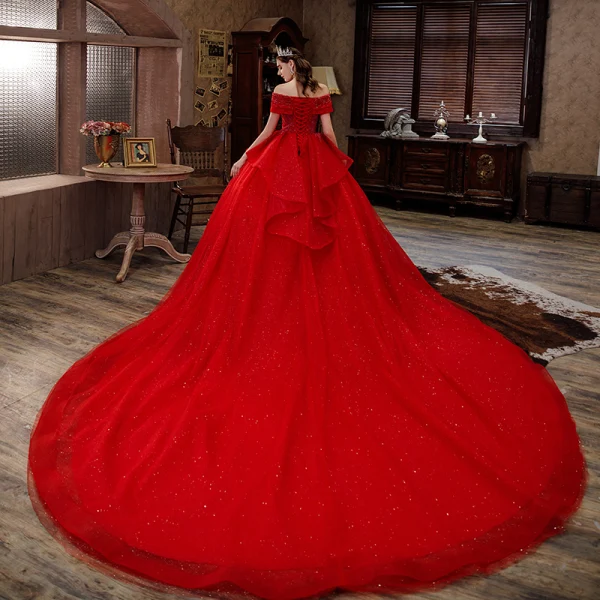 Charming Red Glitter Beading Cascading Ruffles Wedding Dresses 2021 Ball Gown Off-The-Shoulder Short Sleeve Backless Royal Train Wedding