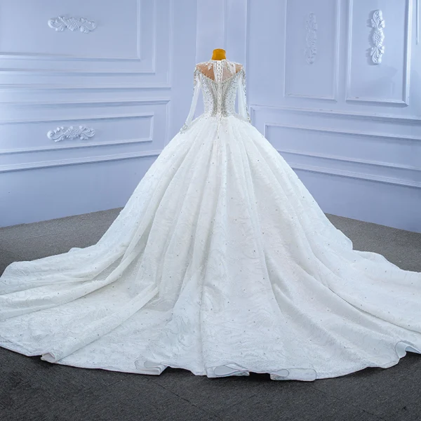 Luxury / Gorgeous High-end Ivory Glitter Beading Crystal Rhinestone Wedding Dresses 2021 Ball Gown High Neck Appliques Sequins 3/4 Sleeve Royal Train
