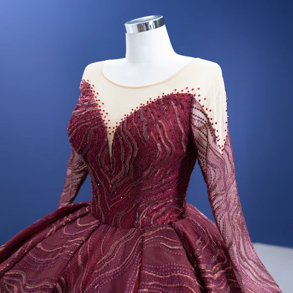High-end Burgundy Beading Sequins Prom Dresses 2021 Scoop Neck Long Sleeve Court Train Prom Formal Dresses