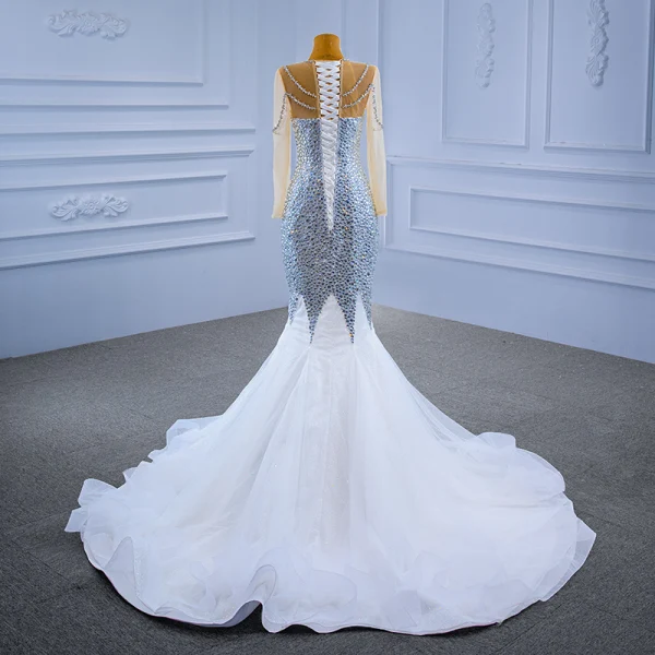 Sparkly Charming Silver Beading Sequins Rhinestone 2021 Trumpet / Mermaid Scoop Neck Long Sleeve Court Train Wedding Dresses