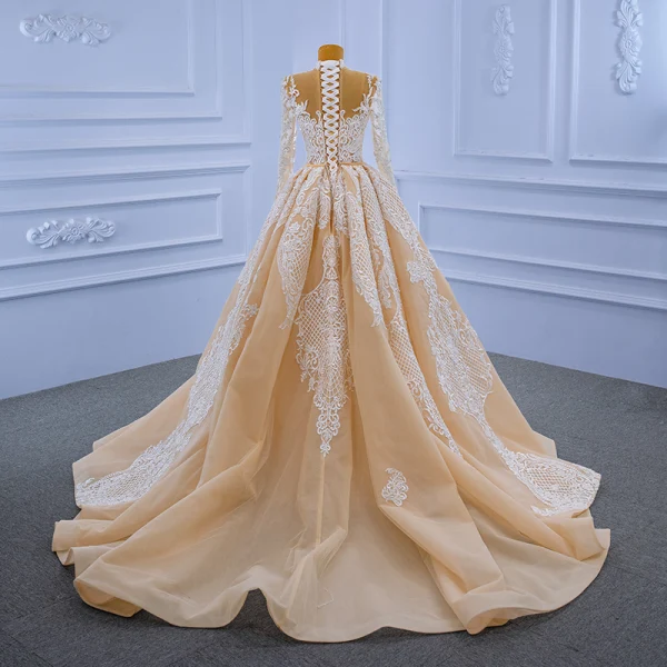 High-end Champagne Pearl Lace Flower Wedding Dresses 2021 Trumpet / Mermaid High Neck Long Sleeve Floor-Length / Long Wedding