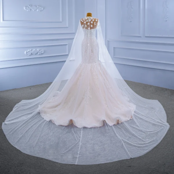 Charming Champagne Beading Lace Flower Wedding Dresses 2021 Trumpet / Mermaid Strapless Long Sleeve Backless Court Train Wedding