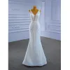 High-end White Beading Pearl Sequins Wedding Dresses 2021 Trumpet / Mermaid V-Neck Sleeveless Backless Chapel Train Wedding