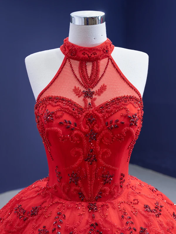 Charming Red Ruffle Wedding Dresses 2021 Ball Gown High Neck Beading Rhinestone Sleeveless Backless Cathedral Train Wedding