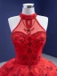Charming Red Ruffle Wedding Dresses 2021 Ball Gown High Neck Beading Rhinestone Sleeveless Backless Cathedral Train Wedding