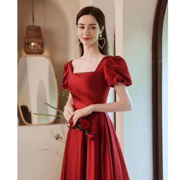 Vintage / Retro Red Satin Prom Dresses 2021 A-Line / Princess Square Neckline Short Sleeve Backless Floor-Length / Long Prom Dresses