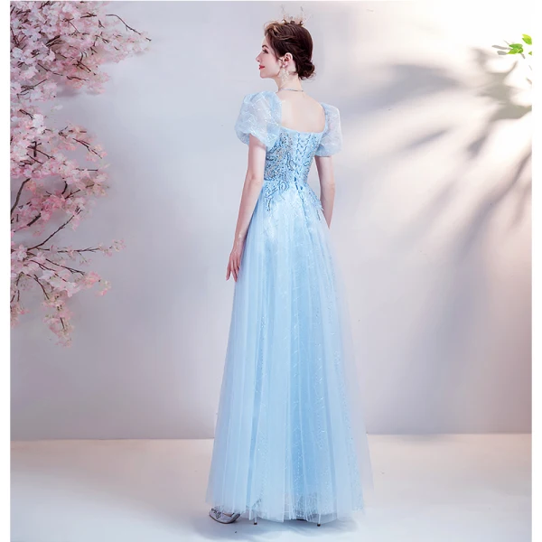 Chic / Belle Bleu Ciel Robe De Bal Robe De Bal 2021 Princesse Encolure Carrée Perlage Perle Paillettes En Dentelle Fleur Manches Courtes Dos Nu Longue Promo Robe De Ceremonie