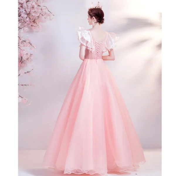 Flower Fairy Candy Pink Ruffle Prom Dresses 2021 A-Line / Princess V-Neck Lace Flower Appliques Long Sleeve Backless Floor-Length / Long Prom Formal Dresses