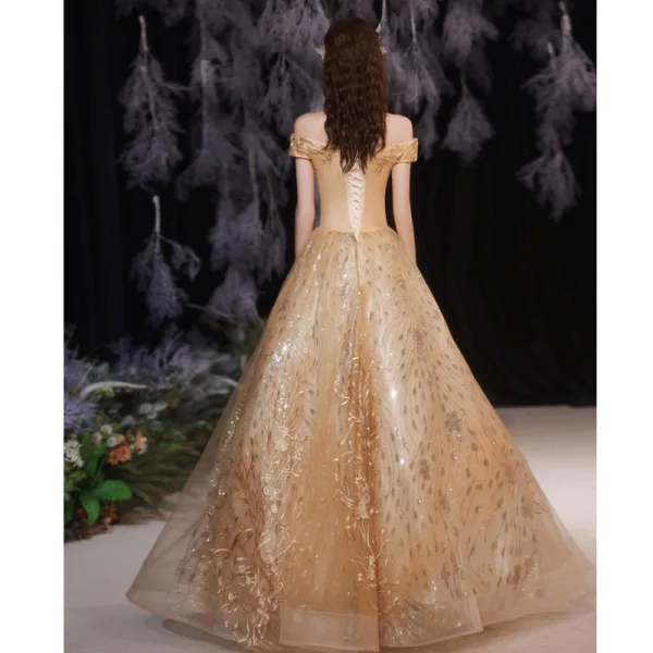 Chic / Belle Doré Robe De Bal 2021 Princesse De l'épaule Sans Manches En Dentelle Fleur Perlage Perle Dos Nu Longue Promo Robe De Ceremonie