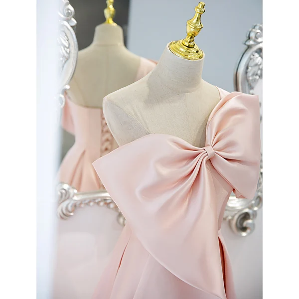 Schön Rosa Satin Ballkleider 2021 A Linie One-Shoulder Schleife Ärmellos Rückenfreies Lange Ball Festliche Kleider