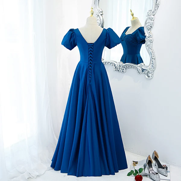 Vintage / Originale Océan Bleu Satin Robe De Bal 2021 Princesse Encolure Carrée Gonflée Manches Courtes Dos Nu Longue Promo Robe De Ceremonie