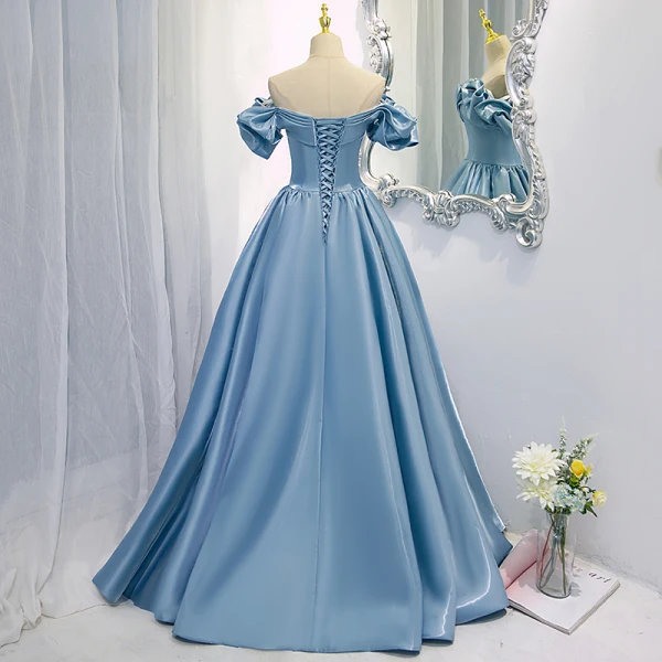 Fashion Sky Blue Satin Prom Dresses 2021 A-Line / Princess Off-The-Shoulder Ruffle Short Sleeve Backless Floor-Length / Long Prom Formal Dresses