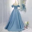 Fashion Sky Blue Satin Prom Dresses 2021 A-Line / Princess Off-The-Shoulder Ruffle Short Sleeve Backless Floor-Length / Long Prom Formal Dresses