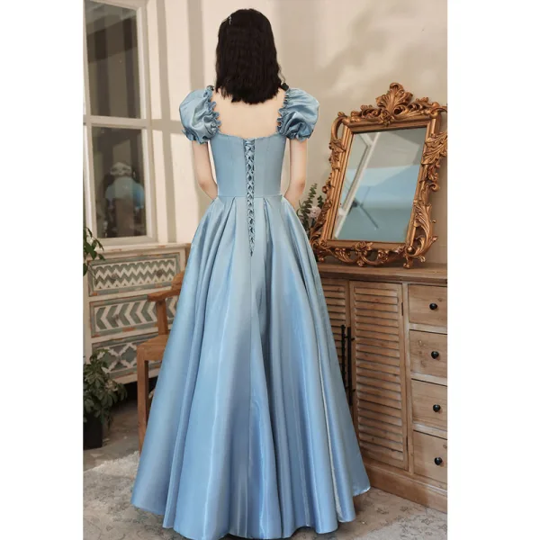 Fashion Sky Blue Prom Dresses 2021 A-Line / Princess Square Neckline Ruffle Short Sleeve Backless Floor-Length / Long Prom Formal Dresses