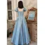 Fashion Sky Blue Prom Dresses 2021 A-Line / Princess Square Neckline Ruffle Short Sleeve Backless Floor-Length / Long Prom Formal Dresses