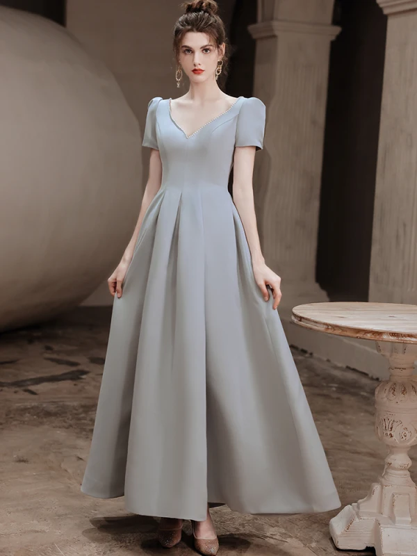 Vintage / Retro Silver Grey Satin Prom Dresses 2021 A-Line / Princess V-Neck Beading Pearl Sequins Short Sleeve Backless Floor-Length / Long Prom Formal Dresses