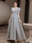Vintage / Retro Silver Grey Satin Prom Dresses 2021 A-Line / Princess V-Neck Beading Pearl Sequins Short Sleeve Backless Floor-Length / Long Prom Formal Dresses