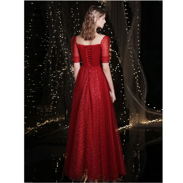 Charming Burgundy Prom Dresses 2021 A-Line / Princess Scoop Neck Beading Sequins Short Sleeve Backless Floor-Length / Long Prom Formal Dresses