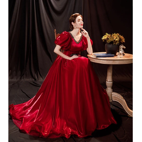 Vintage / Retro Burgundy Satin Prom Dresses 2021 A-Line / Princess V-Neck Rhinestone Bell sleeves Backless Floor-Length / Long Prom Formal Dresses