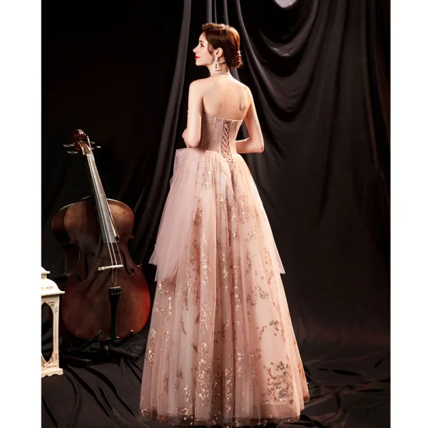 Charmant Rougissant Rose Robe De Bal 2021 Princesse Bustier Sans Manches Dos Nu Perlage Paillettes Longue Promo Robe De Ceremonie