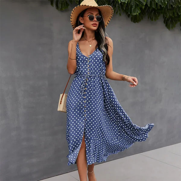Fashion Summer Street Wear Resort Wear Beach Blushing Pink Spotted Women Dresses 2021 V-Neck Sleeveless Covered Button Sash Loose Tea-length
