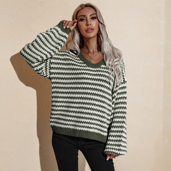 Mode Vert Tricot Rayé Vêtement de rue Ample Chandails 2021 Coton V-Cou Manches Longues Hauts