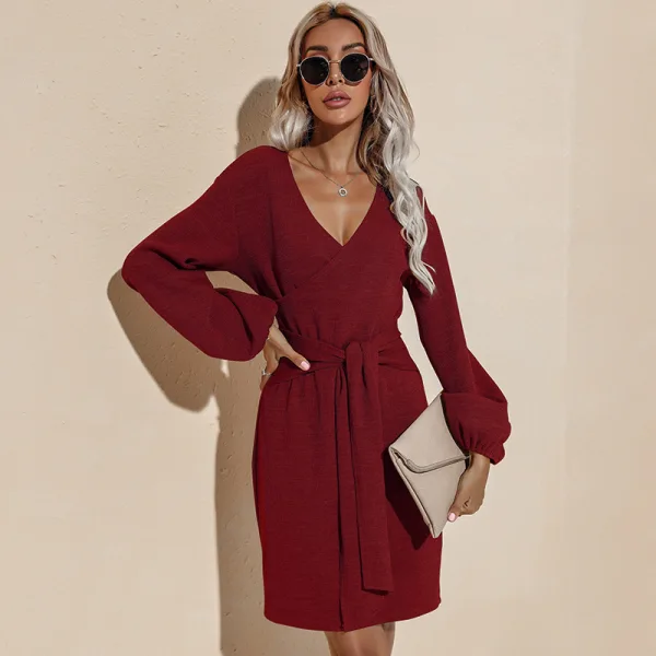 Summer Street Wear Resort Wear Burgundy Solid Color Regular Women Dresses 2021 V-Neck Sash Long Sleeve