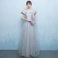 Elegant Grey Prom Dresses 2018 A-Line / Princess Off-The-Shoulder Short Sleeve Beading Sash Floor-Length / Long Ruffle Backless Formal Dresses