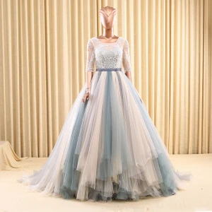 Chic Beautiful Prom Dresses 2017 1 2 Sleeves Beading Ruffle Tulle Sash Backless Chapel Train Formal Dresses