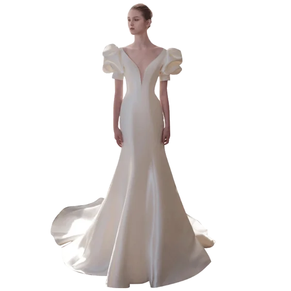 Mode Ivory / Creme Satin Brautkleider / Hochzeitskleider Abendkleider 2021 Meerjungfrau V-Ausschnitt Geschwollenes Kurze Ärmel Rückenfreies Hof-Schleppe Hochzeit