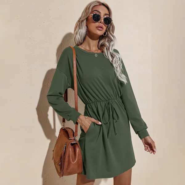 Fall Winter Grey Street Wear Women Dresses 2021 Scoop Neck Bow Sash Regular Long Sleeve