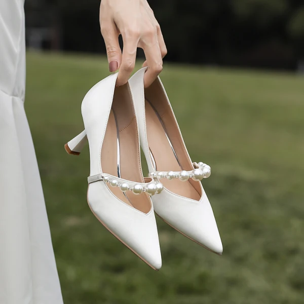 Fashion White Pearl Leather Satin Wedding Shoes 2021 6 cm Stiletto Heels Pointed Toe Wedding Pumps High Heels