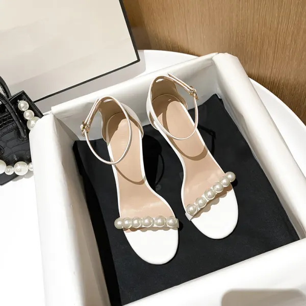 Sexy Blanche Cocktail Soirée Perle Sandales Femme 2021 10 cm Talons Aiguilles Bride Cheville Peep Toes / Bout Ouvert Sandales Talons Hauts