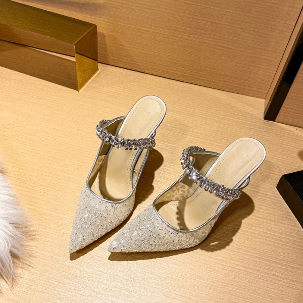 Sexy Silver Cocktail Party Evening Party Rhinestone Sequins Womens Sandals 2021 Leather Tulle 10 cm Stiletto Heels Pointed Toe Womens Shoes High Heels