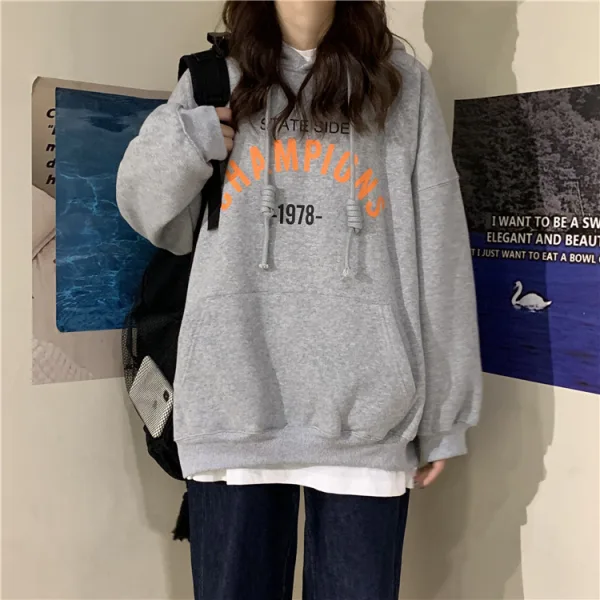 Comfortable Fall Winter Casual Navy Blue Loose Letter Graphic Hooded Sweatshirts 2021 Cotton Long Sleeve Women's Tops