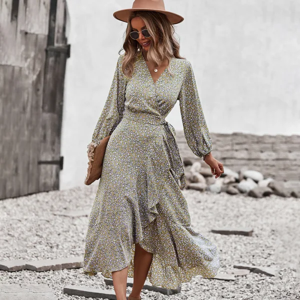 Bohemia Summer Beach Resort Wear Yellow Floral Maxi Dresses 2021 V-Neck Sash Bow Long Sleeve Tea-length