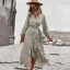 Bohemia Summer Beach Resort Wear Yellow Floral Maxi Dresses 2021 V-Neck Sash Bow Long Sleeve Tea-length