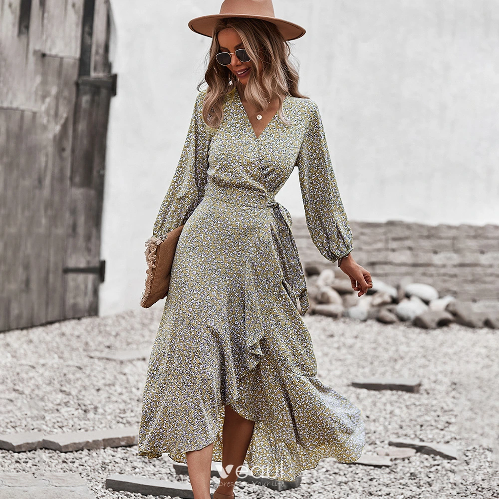 Bohemen Zomer Strand Resort slijtage Gele Bloemen Maxi jurken 2021 V Hals Gordel Strik Lange Mouwen Tea length