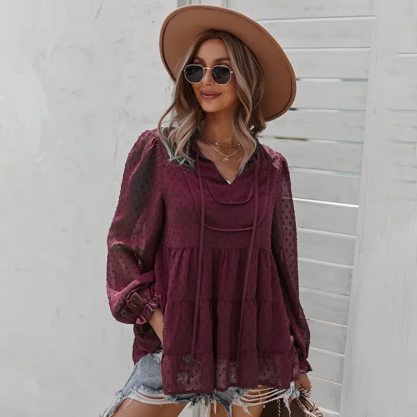 Mode Herbst Winter Beige Resort-Kleidung Strassenmode Lose Blusen 2021 V-Ausschnitt Lange Ärmel Damen Oberteile