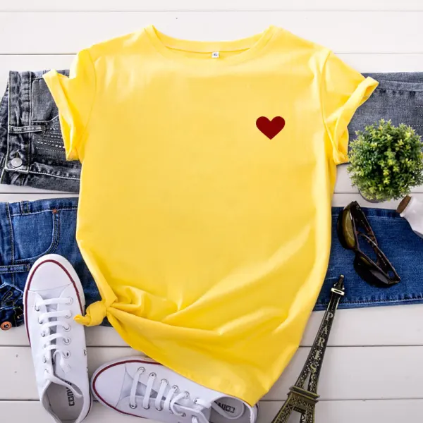 Summer Casual White Heart-shaped Printing Loose T-Shirts 2021 Cotton Scoop Neck Short Sleeve Women's Tops T-shirt