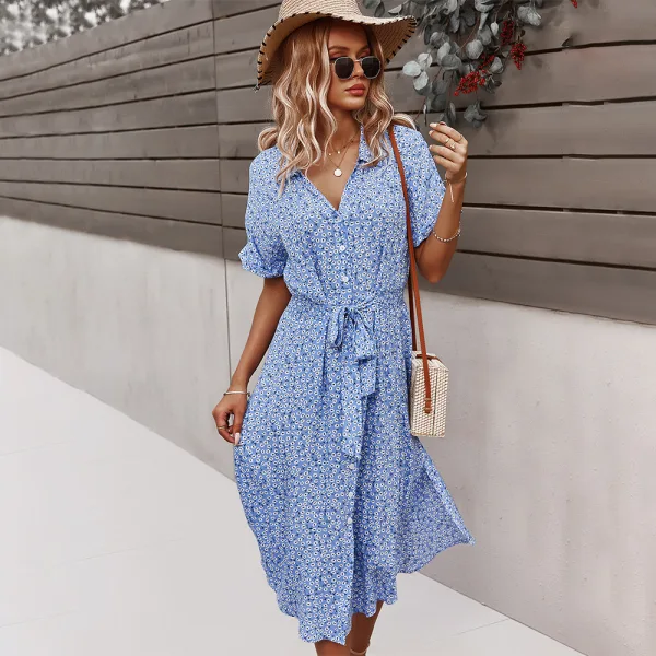 Bohemia Summer Spring Beach Resort Wear Street Wear Red Floral Women Dresses 2021 V-Neck Short Sleeve Loose