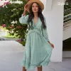 Chic / Beautiful Summer Spring Resort Wear Street Wear Beach Pool Blue Floral Women Dresses 2021 V-Neck Long Sleeve Loose Knee-Length